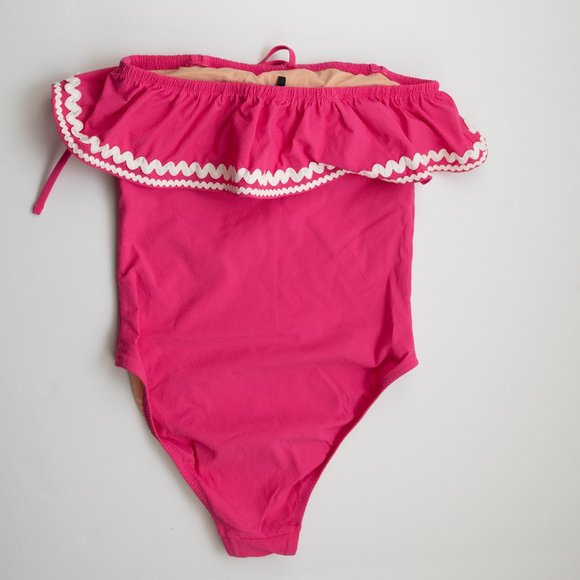 J.Crew One Piece Bathing Suit Ruffle Bandeau Swim Suit Rickrack Trim Pink Size 4 - Picture 3 of 7